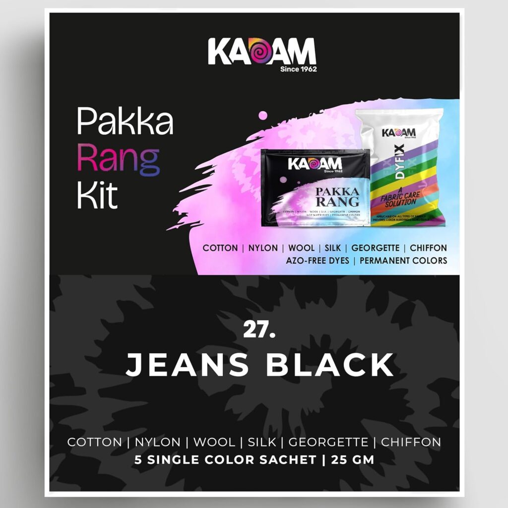 Kadam Pakka Rang Fabric Dye for Clothes Permanent, Cloth Dye Powder, Fabric Dye Clothes, Dye for Faded Jeans, 10 sachets of Shade 27 Jeans Black Colour