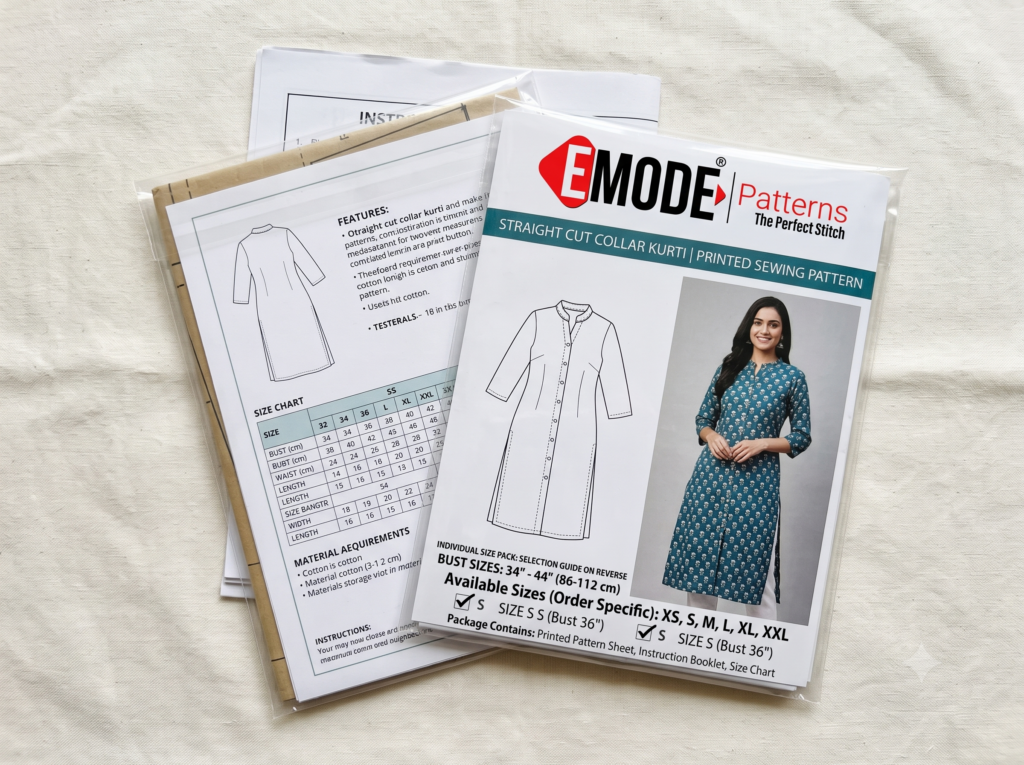 Straight Cut Collar Kurti Printed Sewing Pattern | Bust Sizes 34"–44" | Multi-Size Kurti Pattern