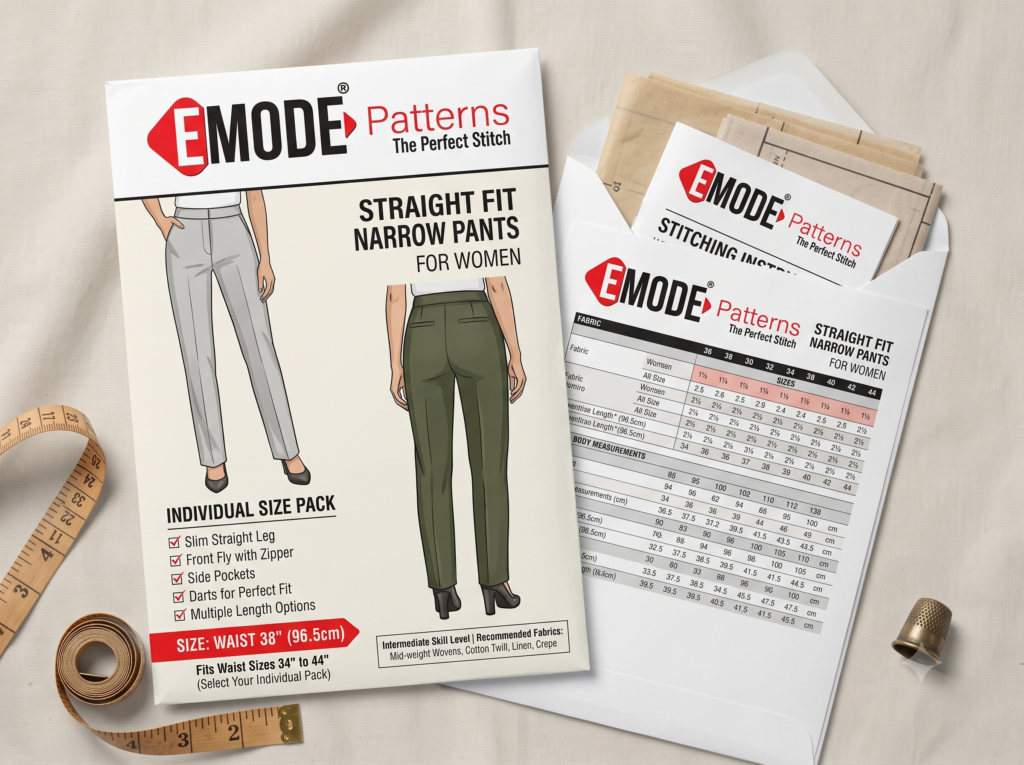 Straight Cut Narrow Pants Printed Sewing Pattern | Waist Sizes 34"–44" | Multi-Size Pants Pattern